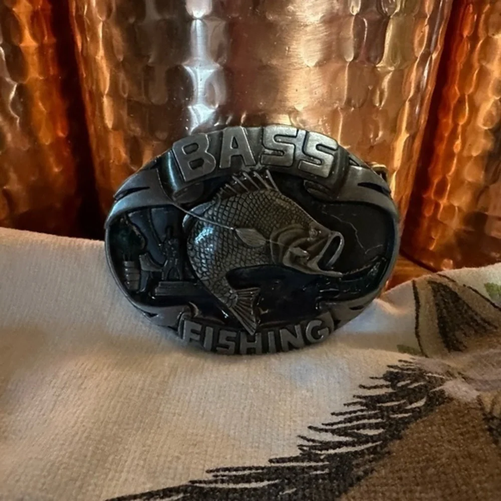 Bass Fishing belt buckle. Almost 4 inches wide. About 3.75 & three inches tall.